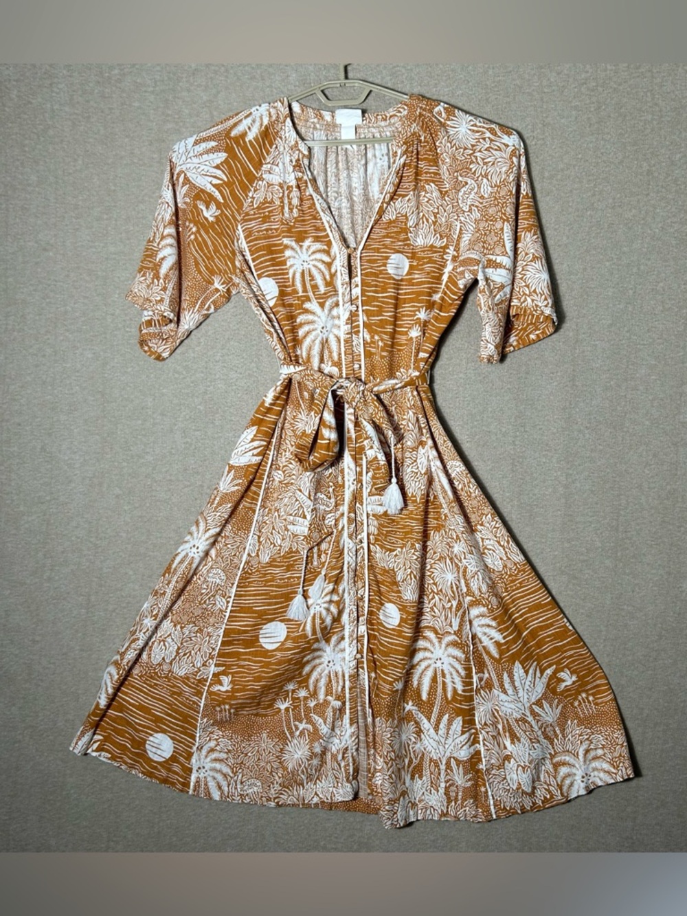 Desmond Dempsey X H&M Kaftan Dress Womens Medium Midi Belted Tropical Button Up